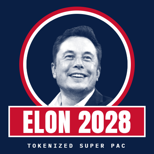 Campaign-style poster on a navy field. A blue-tinted portrait sits in a white ring inside a red ring. A red banner reads ELON 2028. Below it, spaced white letters read TOKENIZED SUPER PAC.
